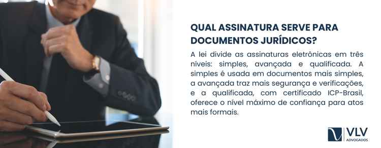 Nem toda assinatura online é igual. Por isso, a lei divide as assinaturas eletrônicas em três níveis: simples, avançada e qualificada. 