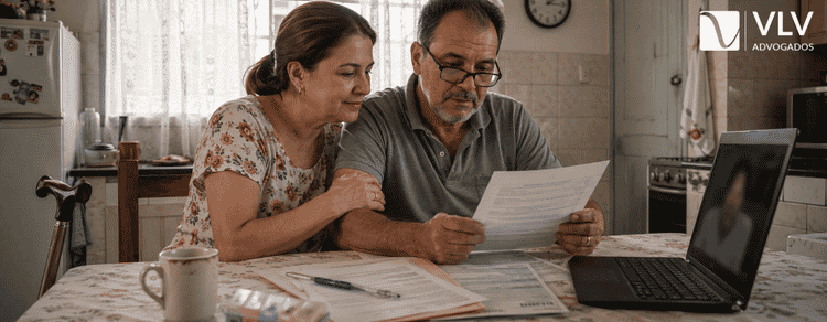 Quem recebe o BPC LOAS pode casar no cartório? 3 Casal recém-casado analisando documentos do BPC LOAS em casa durante atendimento online