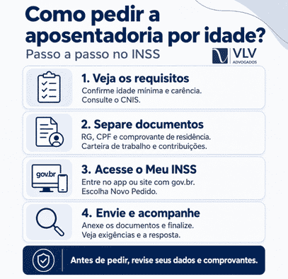 Aposentadoria por idade 2026: requisitos, valor e como pedir 2 Infográfico com passo a passo para pedir aposentadoria por idade no INSS.
