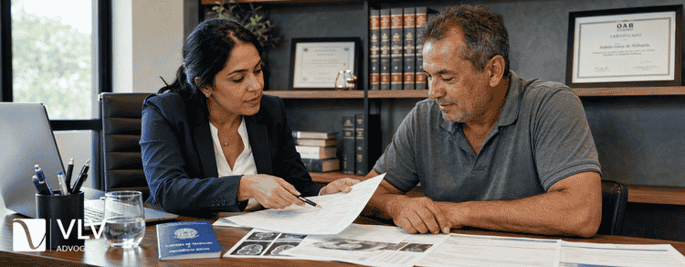 Quais doenças dão direito à aposentadoria por invalidez? Entenda a lista oficial 2 Advogada analisa laudos médicos com cliente durante atendimento em escritório.