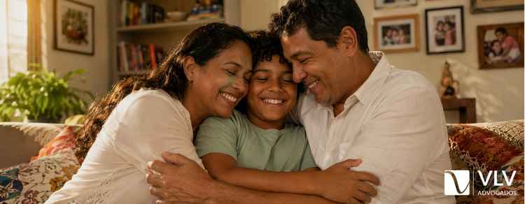 Adoção socioafetiva: o que é, como funciona e quais direitos garante? 3 amília socioafetiva, casal adulto e criança em abraço caloroso na sala de estar