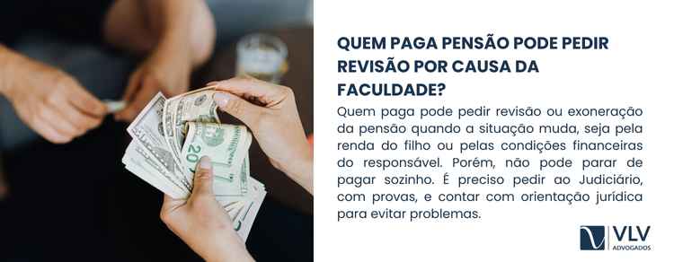 Meu filho está na faculdade: devo continuar pagando pensão? 2 Quem paga pode, sim, buscar revisão ou até exoneração da pensão quando entender que as circunstâncias mudaram.