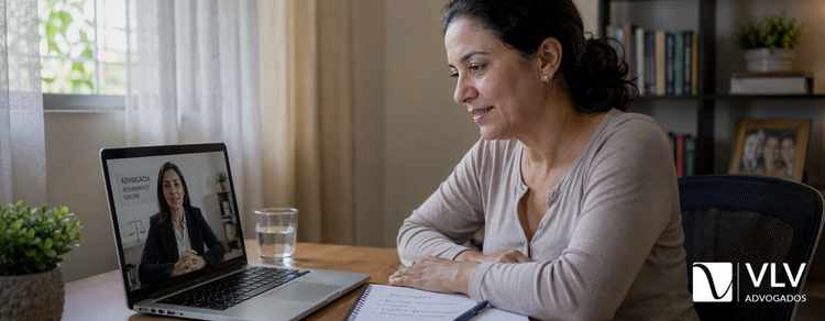 Mulher participando de consulta jurídica online sobre pensao por morte na união estável
