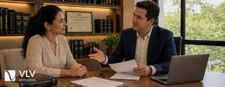 Dissolução da união estável no cartório: quando é possível? 3 mulher em consulta jurídica com advogado em escritório sobre dissolução de união estável