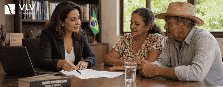 Advogada orientando casal de trabalhadores rurais sobre aposentadoria.