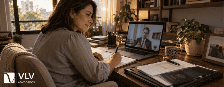 Mulher fazendo consulta jurídica online pelo notebook e anotando orientações em casa.
