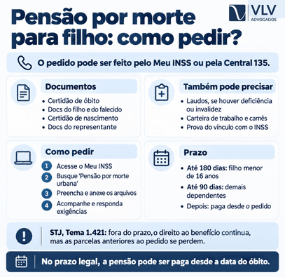 Pensão por morte para filhos: até que idade e qual o valor 2 Infográfico sobre como pedir pensão por morte para filho no INSS.