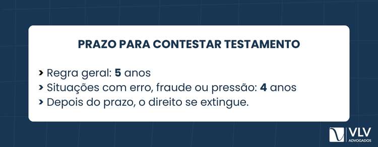Os herdeiros podem contestar testamento? 2 Sim. Existem prazos e eles precisam ser observados com atenção. Em regra, o prazo para impugnar a validade do testamento é de cinco anos.