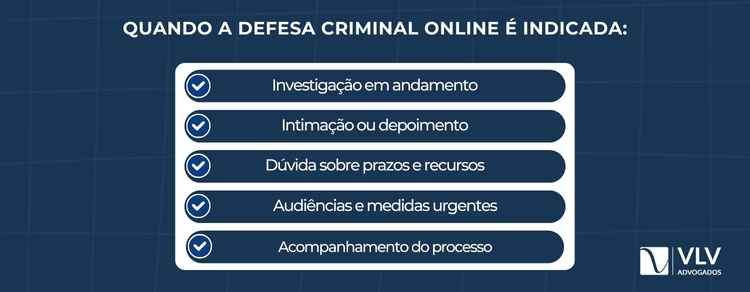 Defesa criminal online: como funciona? 2 A defesa criminal online é indicada sempre que você precisa de orientação rápida, clara e técnica, mesmo estando longe do escritório do advogado.