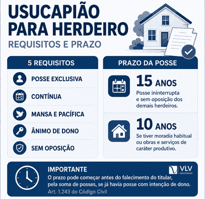 Infográfico mostra requisitos e prazos da usucapião para herdeiro com posse.