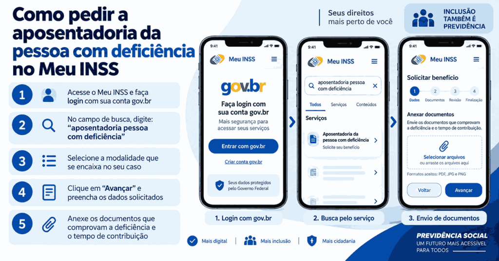Aposentadoria de PcD em 2026: regras mais suaves do INSS 2 imagem explicando como solicitar a aposentadoria de PCD