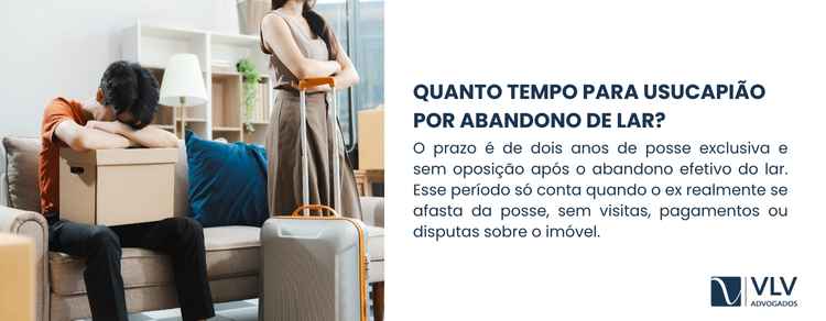 Usucapião por abandono de lar: como funciona 2 O prazo exigido pela lei é de dois anos de posse contínua, exclusiva e sem oposição após o abandono do lar.