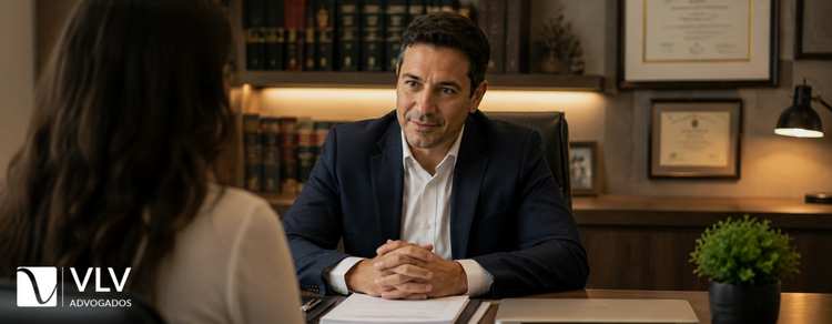 Advogado realizando atendimento jurídico sobre meação com cliente em escritório.