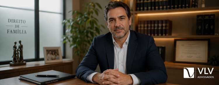 Advogado de terno sentado à mesa com pasta jurídica em escritório de Direito de Família