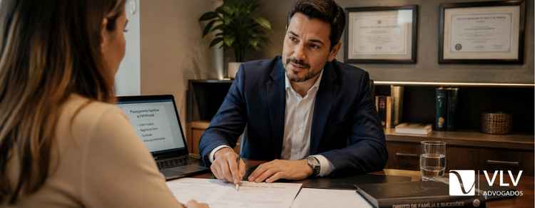 União estável garante herança? Entenda seus direitos 3 Advogado orientando cliente durante reunião sobre união estável e patrimônio.