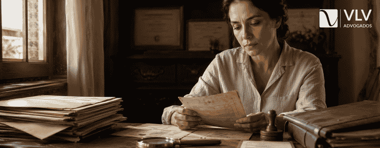 Retificação de registro civil para para processo de cidadania 3 Mulher analisa certidões antigas e documentos de registro civil.