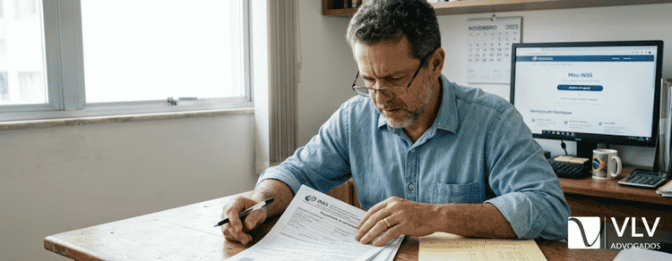 Aposentadoria antecipada 2026: quem tem direito, regras e novidades do STF 3 Homem analisando documentos e calculando regras para aposentadoria antecipada pelo INSS.