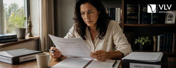 União estável garante herança? Entenda seus direitos 1 Mulher analisando documentos de união estável e inventário em escritório.