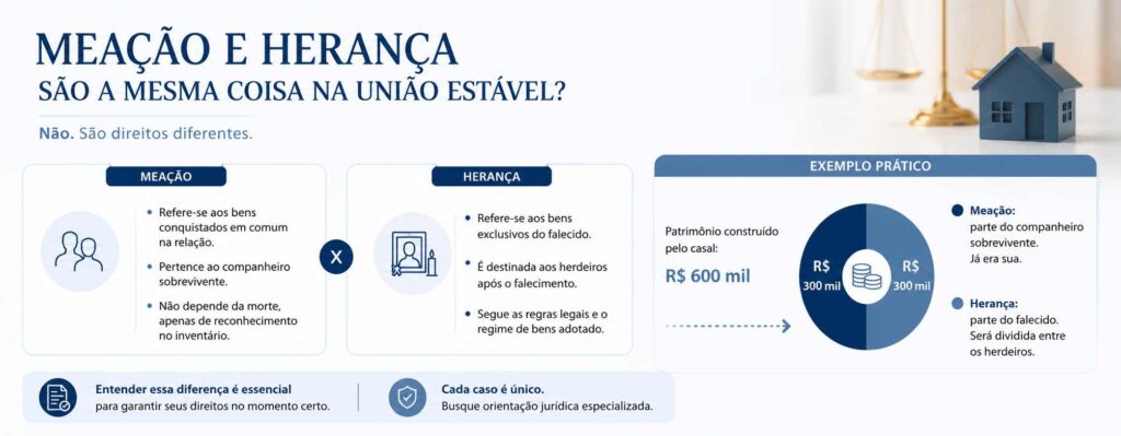 União estável garante herança? Entenda seus direitos 2 Infográfico comparando meação e herança na união estável com exemplo patrimonial.