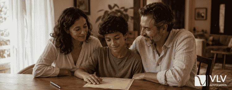 Retificação de registro por adoção tardia: como funciona? 3 Casal e menino observam certidão de nascimento em casa.