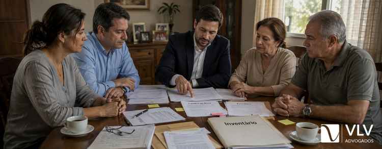 Inventário judicial e extrajudicial: diferenças, custos e quando cada um se aplica ao seu caso 3 Família analisa documentos de inventário com um advogado.
