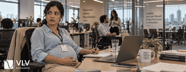 Contratada grávida sem avisar a empresa: quais os direitos? 1 Mulher grávida trabalhando em escritório, apoiando a mão na barriga com expressão apreensiva.