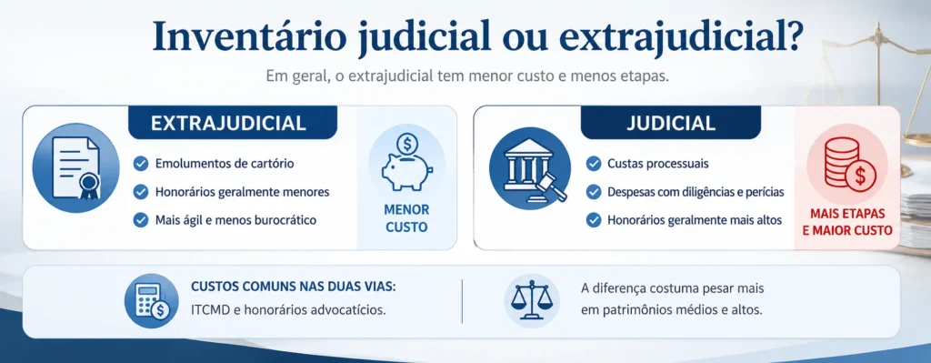 Inventário judicial e extrajudicial: diferenças, custos e quando cada um se aplica ao seu caso 2 Infográfico compara os custos do inventário judicial e do extrajudicial.