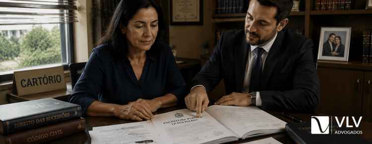 Reconhecimento de união estável no inventário extrajudicial: é possível? Guia 2026 2 Mulher consultando advogado em cartório, revisando documento de inventário extrajucial em caso de uniao estavel