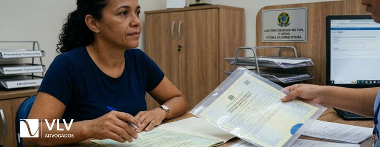 Remoção do nome do pai: entenda quando é possível e como fazer 1 imagem representando mulher em cartório para retificar o nome do pai