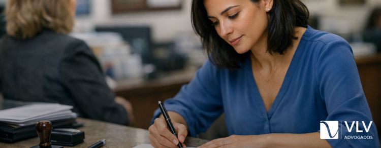 Saiba tudo sobre averbação, tipos e qual sua importância! 1 mulher no cartório assinando sua averbação