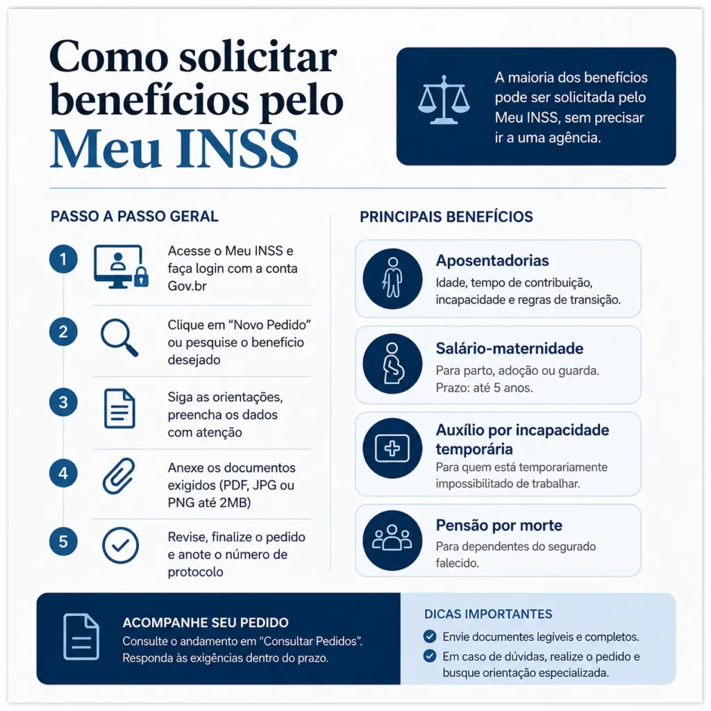 Meu INSS: tudo o que você precisa saber para usar a plataforma do INSS online 6 Como solicitar aposentadoria, salário-maternidade e outros benefícios pelo Meu INSS passo a passo