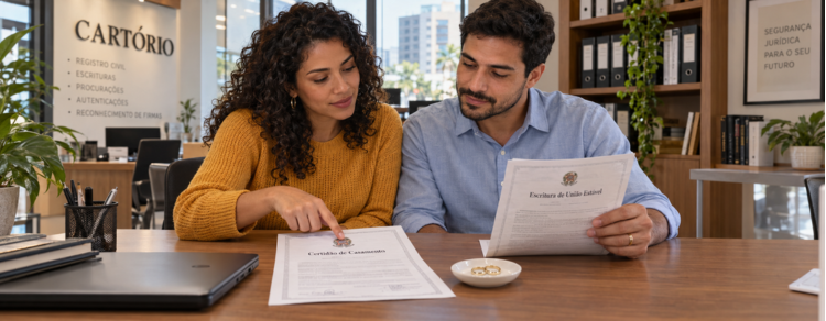 Casamento ou união estável: diferenças e qual escolher 1 Casal comparando certidão de casamento e escritura de união estável em cartório