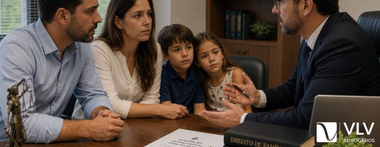 casal com filhos conversando com advogado sobre divórcio extrajudicial