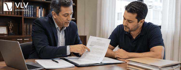 Como reverter uma medida protetiva injusta? Guia prático! 3 Advogado explicando ao cliente as etapas do pedido de revogação de medida protetiva.
