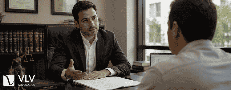 Interdito proibitório: o que é, requisitos e como funciona? 3 Advogado brasileiro em escritório moderno orientando cliente sobre proteção de posse e ação de interdito proibitório.