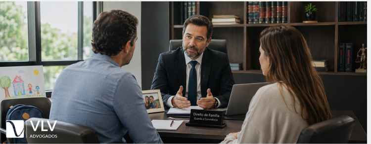 Advogado para guarda dos filhos: quando contratar? 2 Advogado orienta casal sobre guarda dos filhos em escritório.