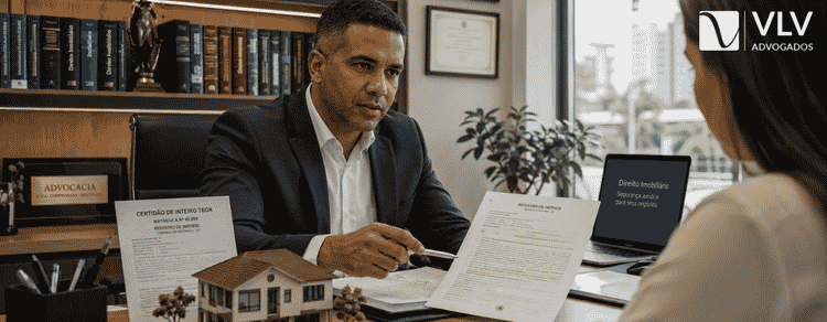 Advogado especialista em usucapião analisando documentos de registro de imóvel com cliente em escritório jurídico 