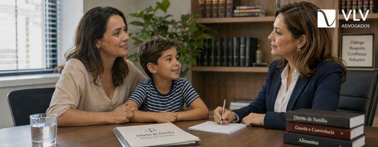 Audiência de guarda dos filhos: como funciona? 3 Mãe e filho conversando com advogada de família durante orientação sobre audiência de guarda dos filhos.