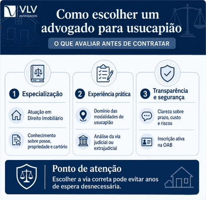 Infográfico sobre critérios para escolher advogado para usucapião.