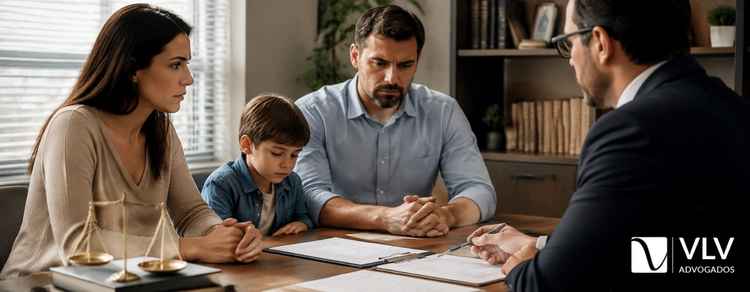Advogado experiente em escritório, analisando documentos legais sobre divorcio com filho menor