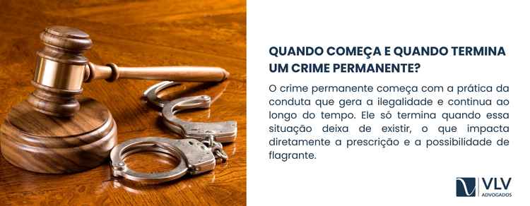 O que é crime permanente? Conceito e exemplos! 2 O início ocorre quando o agente pratica a conduta que gera a situação ilícita. O término acontece quando a situação ilegal deixa de existir. Isso pode ocorrer por iniciativa do agente, por intervenção de terceiros ou por ação do Estado.