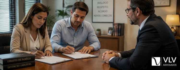 Divórcio amigável: tudo que você precisa saber para um divórcio sem brigas e sem desgaste! 1 casal assina documentos de divórcio amigável com advogado em escritório