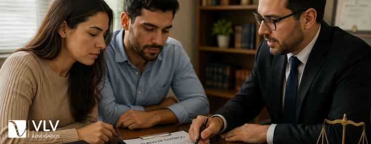 casal revisando acordo de divórcio com advogado em escritório.