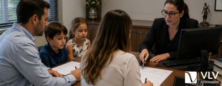 casal com filhos menores realizando o divórcio extrajudicial no cartório