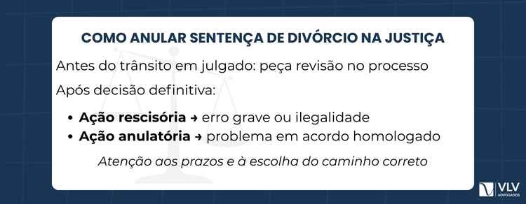 Anulação de sentença de divórcio: é possível? 2 Para pedir a anulação de sentença de divórcio, você precisa utilizar o instrumento jurídico adequado, que varia conforme o momento do processo e o tipo de vício.