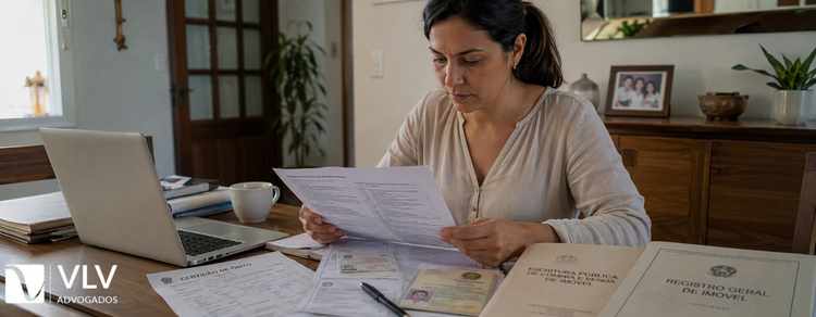 Minha mãe faleceu, por onde começar o inventário? 3 Mulher organizando documentos e certidão de óbito sobre a mesa para iniciar o inventário da mãe falecida