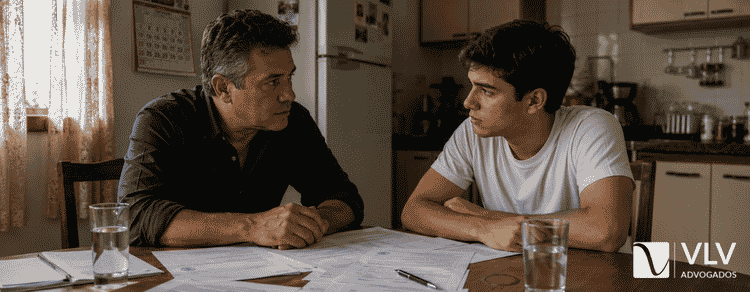 Pai e filho conversam diante de documentos jurídicos sobre pensão