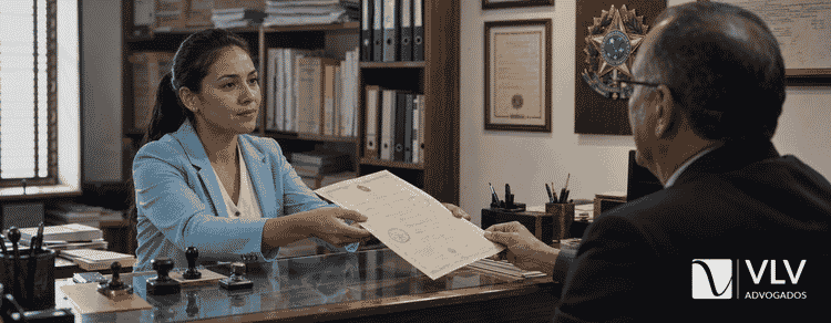 Retificação de registro civil no cartório: quando é possível? 3 Mulher entrega documento de registro civil em cartório.