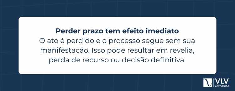 Perdeu o prazo processual? Saiba o que acontece! 2 Se você perde um prazo processual, o principal efeito é a impossibilidade de praticar o ato perdido.