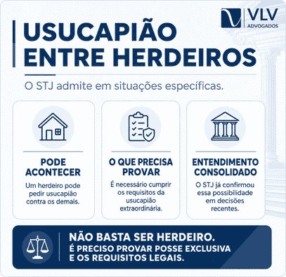 Infográfico sobre usucapião entre herdeiros segundo o STJ.